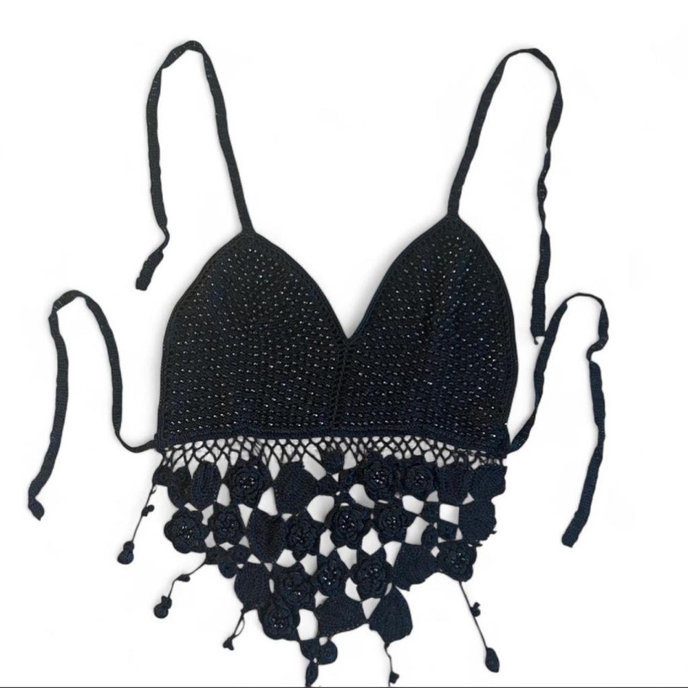 Black Crochet Halter Beading Floral Boho Festival Whimsygoth Stagecoach 2014 Y2K